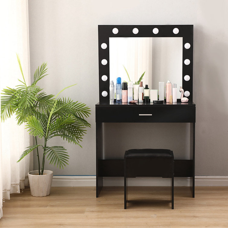Latitude Run® Vanity Set With Lighted Mirror Cushioned Stool Dressing